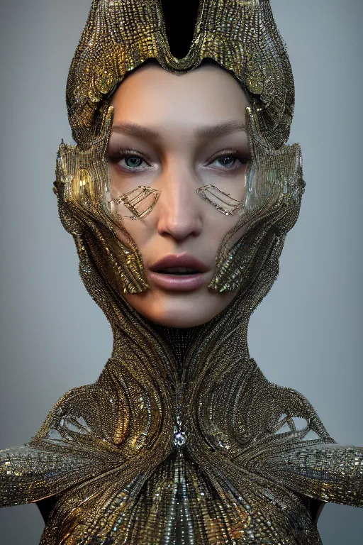 Image similar to a highly detailed metahuman 4 k render of an alien techno goddess bella hadid in iris van herpen dress schiaparelli in diamonds swarovski and jewelry in style of alphonse mucha gustav klimt trending on artstation made in unreal engine 4