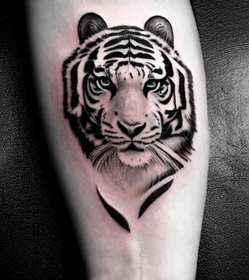 Prompt: tattoo design on white background of a beautiful girl warrior, tiger head above, hyper realistic, realism tattoo, by eliot kohek, beautiful eyes, realistic face, black and white