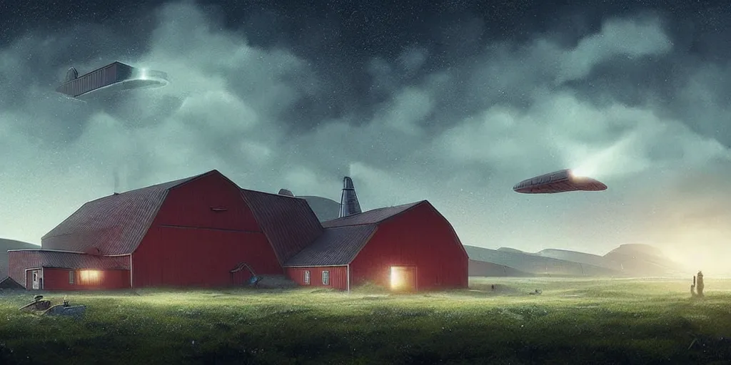 Image similar to In the north of Norway, a large spaceship flies far above a farm with a farmhouse and a stable, dreamy misty matte painting dystopian sci-fi digital art in the style of Simon Stalenhag, featured on Artstation