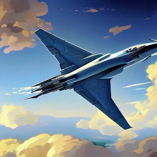 Image similar to Mikoyan MiG-29 flying in the sky, blue sky, white clouds, highly detailed, digital painting, artstation, concept art, sharp focus, illustration, art by artgerm and greg rutkowski and alphonse mucha