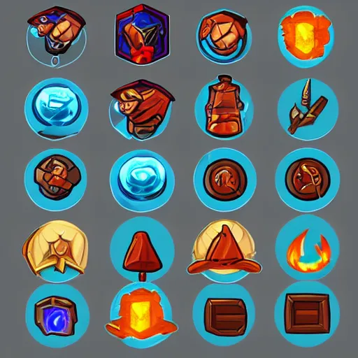 Prompt: ice mage skills icons set, UI, HD sticker, line art, trending on artstation