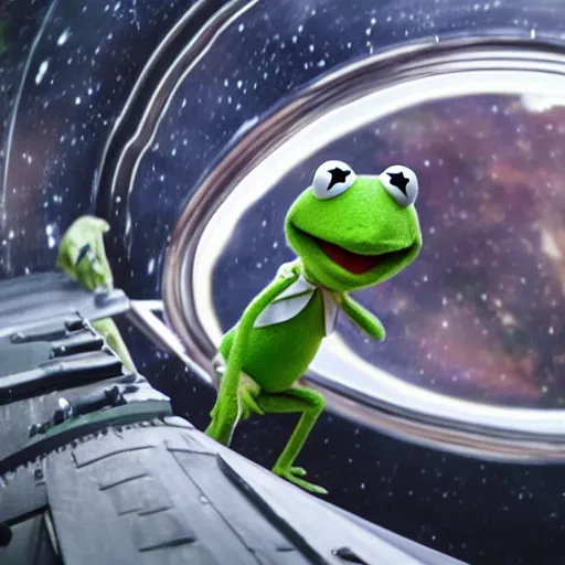 Prompt: a still of kermit the frog in interstellar ( 2 0 1 4 ), 4 k, hd, high detail