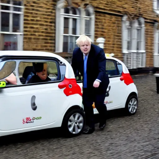 Prompt: Boris Johnson Crashing his brand new fisher price car