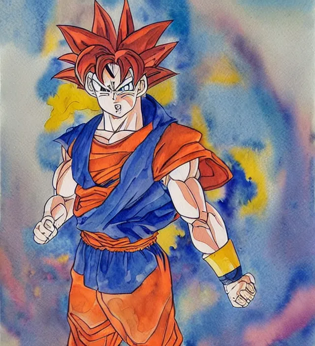 Image similar to a 3 / 4 view watercolor ink painting of goku as a superhero in the style of jean giraud in the style of moebius trending on artstation deviantart pinterest detailed realistic hd 8 k high resolution