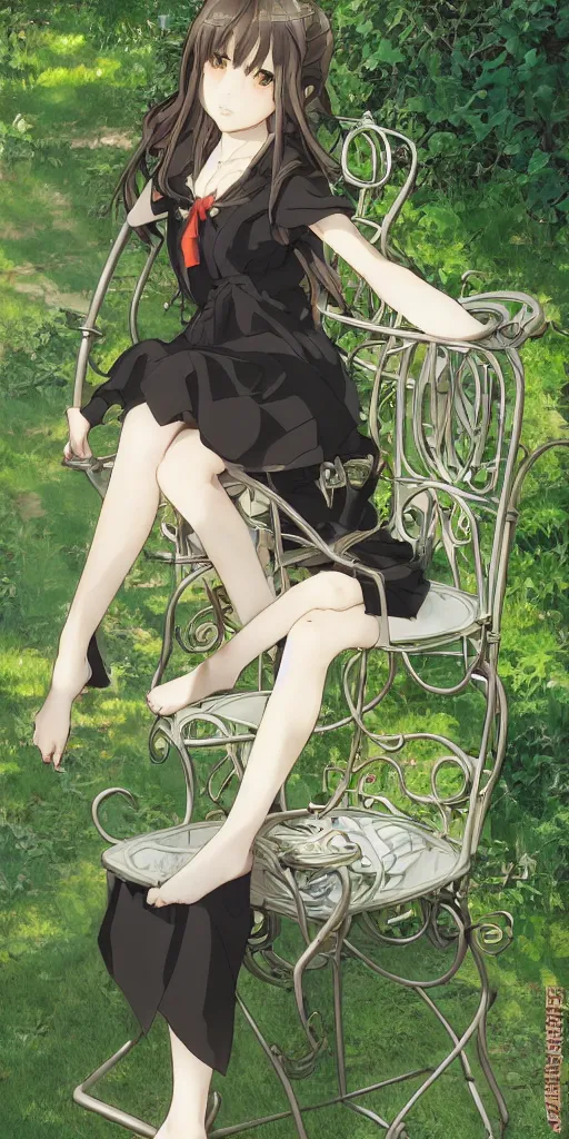 Image similar to a loli with long hair in a black dress sitting on a metal garden chair in the privet garden at afternoon, green and warm theme, back lighting, highly detailed, by krenz cushart and mucha and akihito yoshida and greg rutkowski and makoto shinkai and studio ghibli, detailed eyes, 4 k resolution, trending on art station