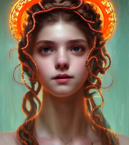 Image similar to portrait of teenage medusa, snake hair, naughty smile, wearing an embroidered orange tunic, intricate, elegant, copper and emerald jewelry, glowing lights, highly detailed, digital painting, artstation, concept art, smooth, sharp focus, seductive, illustration, art by wlop, mucha, artgerm, and greg rutkowski