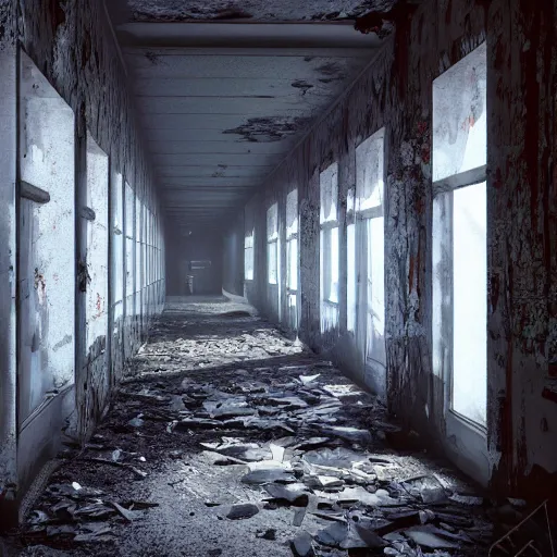 Image similar to a bloody hallway in an abandoned hospital, au naturel, hyper detailed, digital art, trending in artstation, cinematic lighting, studio quality, smooth render, unreal engine 5 rendered, octane rendered, art style by klimt and nixeu and ian sprigger and wlop and krenz cushart