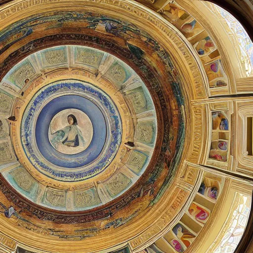 Image similar to photo of an ornated circular ceiling, full of paintings of angels, centered symmetrical highly detailed