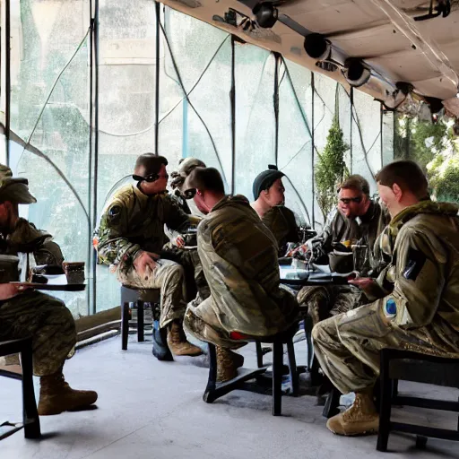 Prompt: a group of special forces soldiers sitting at the cafe and drinking coffee