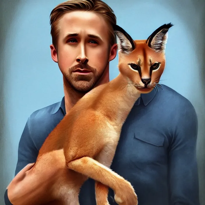 Image similar to Ryan Gosling holds a caracal cat in his hands, ultra highly detailed, smooth, sharp focus, elegant, artstation