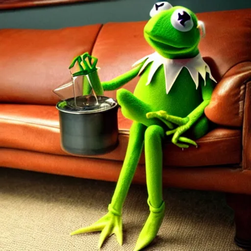 Image similar to candid photo of kermit the frog sitting on the couch hitting a bong, kermit the frog in ted ( 2 0 1 2 ) bong scene, kermit the frog using a bong, kermit bong bong kermit froggy bong, high resolution photo, trending on artstation, interior design,