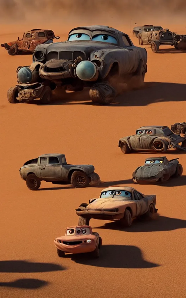 Image similar to pixar cars in the world of mad max fury road