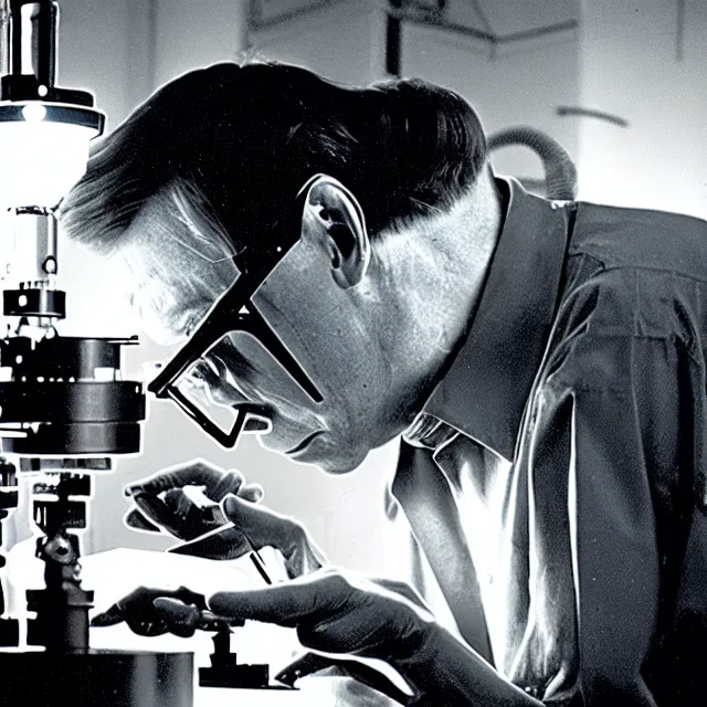 Prompt: a photo of bob lazar fixing alien fusion micro - reactor in lab inside area 5 1, cinematic lighting, detailed symmetrical face, photorealistic, highly detailed