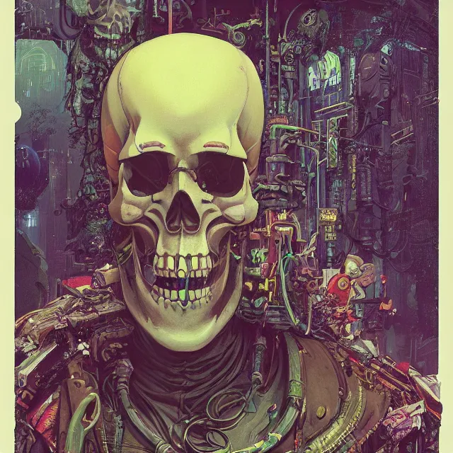 Image similar to a beautiful painting of a ( ( cyberpunk ) ) skull by simon stalenhag and pascal blanche and alphonse mucha! and nekro!. in style of digital art. colorful comic, film noirs!, symmetry, hyper detailed. octane render. trending on artstation