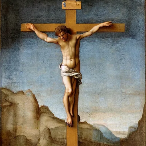 Image similar to Mark zuckerberg on the cross, painting by Leonardo da Vinci