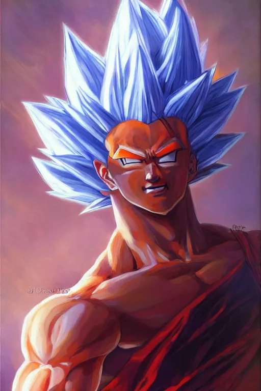 Image similar to portrait of simu liu as super saiyan goku. art by gaston bussiere.