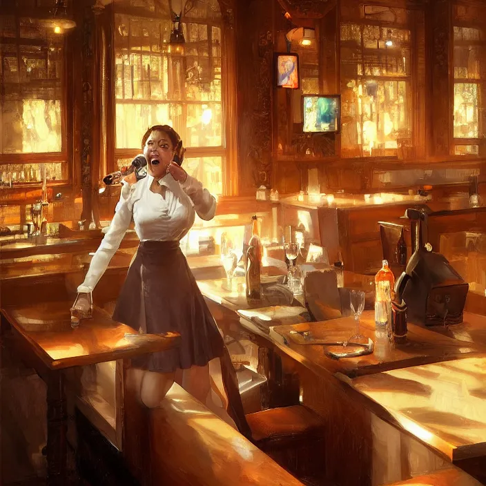 Image similar to a waitress singing on a table in a bar, elegant, real life skin, intricate artwork, high detailed, artstation, concept art, smooth, sharp focus, art by artgerm and greg rutkowski