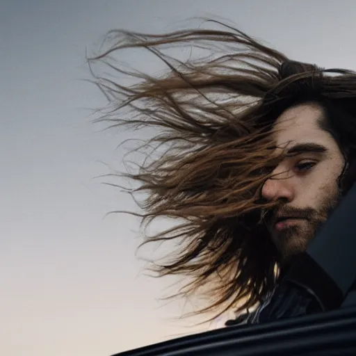 Image similar to a cinematic shot of a grown boy from behind his back looking out of his car window and his long hair flowing due to the wind, sky is orangish outside
