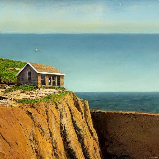 Prompt: A wooden house on a cliff by the sea, by Scott Listfield