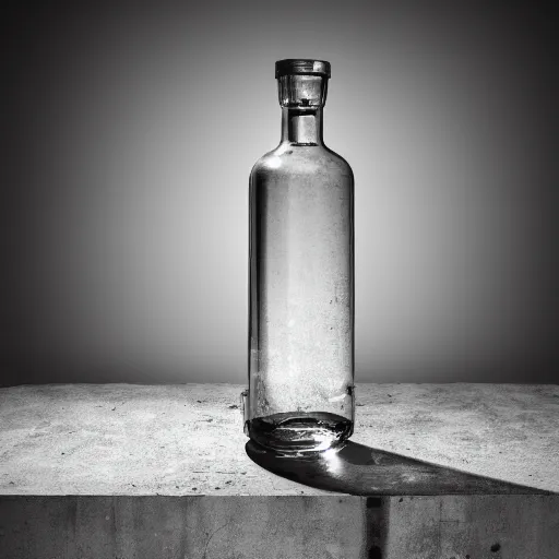 Prompt: an award - winning photo of a translucent glass vodka bottle in the shape and style of a propane cylinder on a concrete slab, dramatic studio lighting, 2 4 mm, wide angle lens, ƒ / 8, behance, sharp focus, bokeh, 8 k