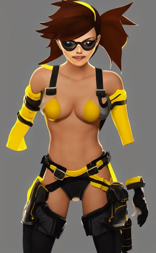 Image similar to tracer game character, in yellow bikini, blonde hair, black eyes, full height