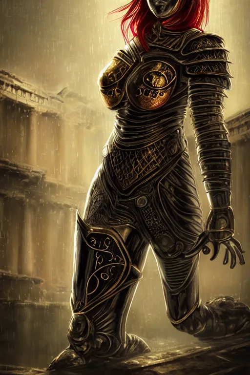 Prompt: portrait knights of Zodiac girl, metallic black and reddish color reflected armor, in heavily rainning ruin Agora of Athens, ssci-fi, fantasy, intricate, rim lights, reflected lights, natural atmosphere, great high details, highly reaslitic, cinematic lighting,, elegant, golden light, highly detailed, digital painting, concept art, smooth, sharp focus, illustration, art by artgerm and greg rutkowski and alphonse mucha and loish and WLOP