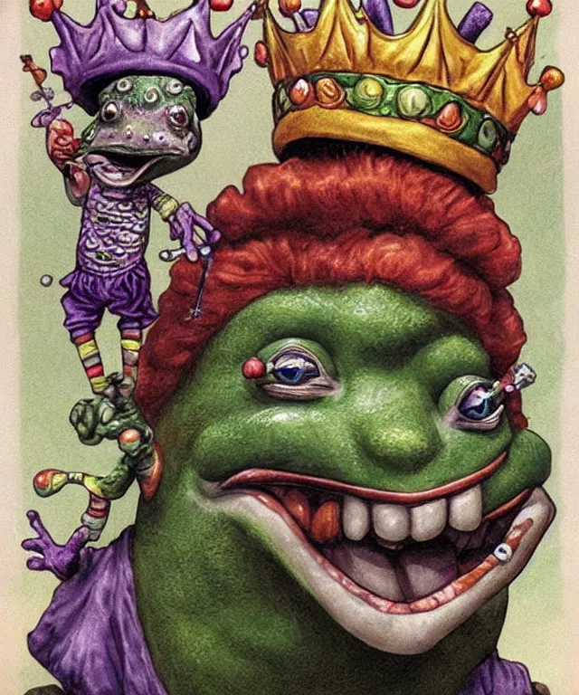 Image similar to clown frog king pulls the sword from the stone, clown frog king wearing clown makeup and rainbow wig, clown crown artwork by Glenn Fabry