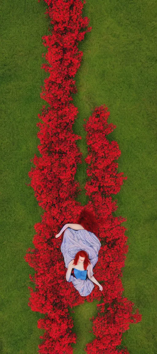 Image similar to aerial view of a woman with curly red hair laying in a field of flowers, highly detailed, drone photography, landscape photography, photorealism, smooth 4k