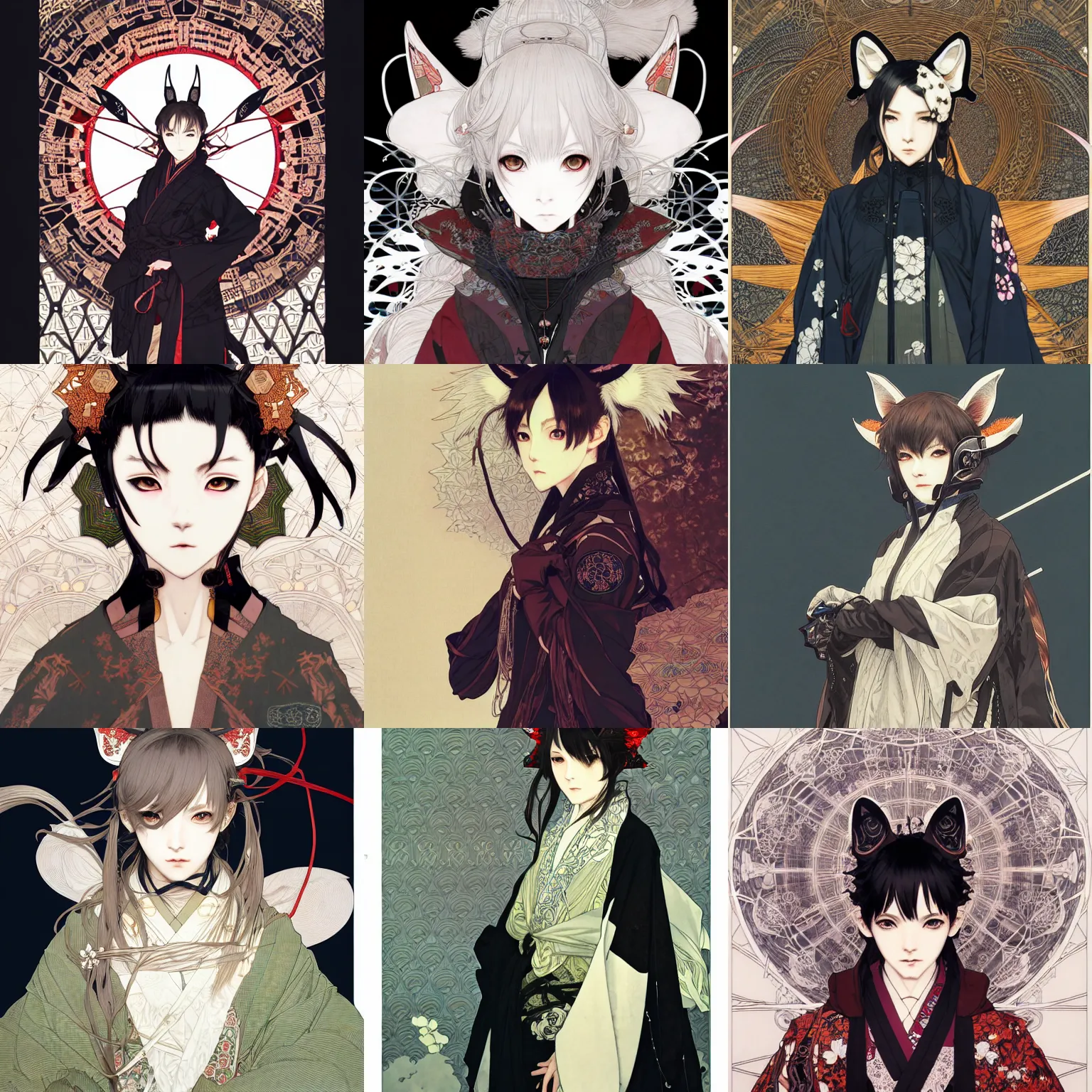 Prompt: detailed portrait of kimono techwear occultist with white fox ears, concept art, intricate complexity, by shigenori soejima, krenz cushart, alphonse mucha, takato yamamoto, rule of thirds, 4 k, beautiful, cinematic dramatic atmosphere