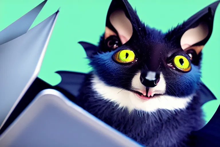 Image similar to a blue - and - black male catbat fursona with blue / green heterochromatic eyes ( differently colored eyes ) and huge bat ears, photo of the catbat streaming on his computer