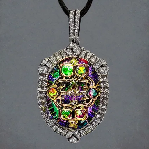 Prompt: Ornate Magic Amulet Jewel Glowing HDR photorealistic Gem Adorned in diamonds