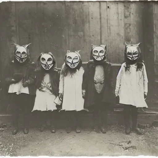 Image similar to portrait of children wearing devil masks, photograph, style of atget, 1 9 1 0, creepy, dark