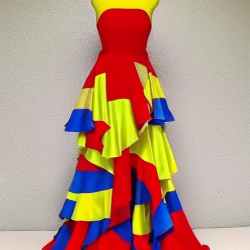 Prompt: A beautiful dress colored (((red))), blue, yellow