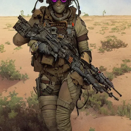 Prompt: Maria. USN special forces recon operator in near future gear, cybernetic enhancement, on patrol in the Australian neutral zone, Barren landscape. 2087. Concept art by James Gurney and Alphonso Mucha