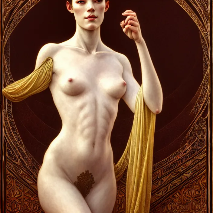 Prompt: ancient queen stoya, symetrical, diffuse lighting, fantasy, intricate, elegant, highly detailed, lifelike, photorealistic, digital painting, artstation, illustration, concept art, 4 k, smooth, sharp focus, art by john collier and albert aublet and krenz cushart and artem demura and alphonse mucha
