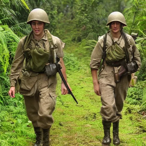 Image similar to world war 2 soldiers walking in the jungle, detailed, clean, realistic