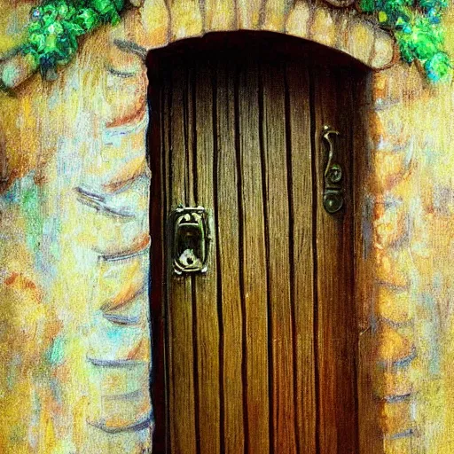 Image similar to Ornate Wooden Door at the entrance of the Elven Dwelling, impressionistic painting