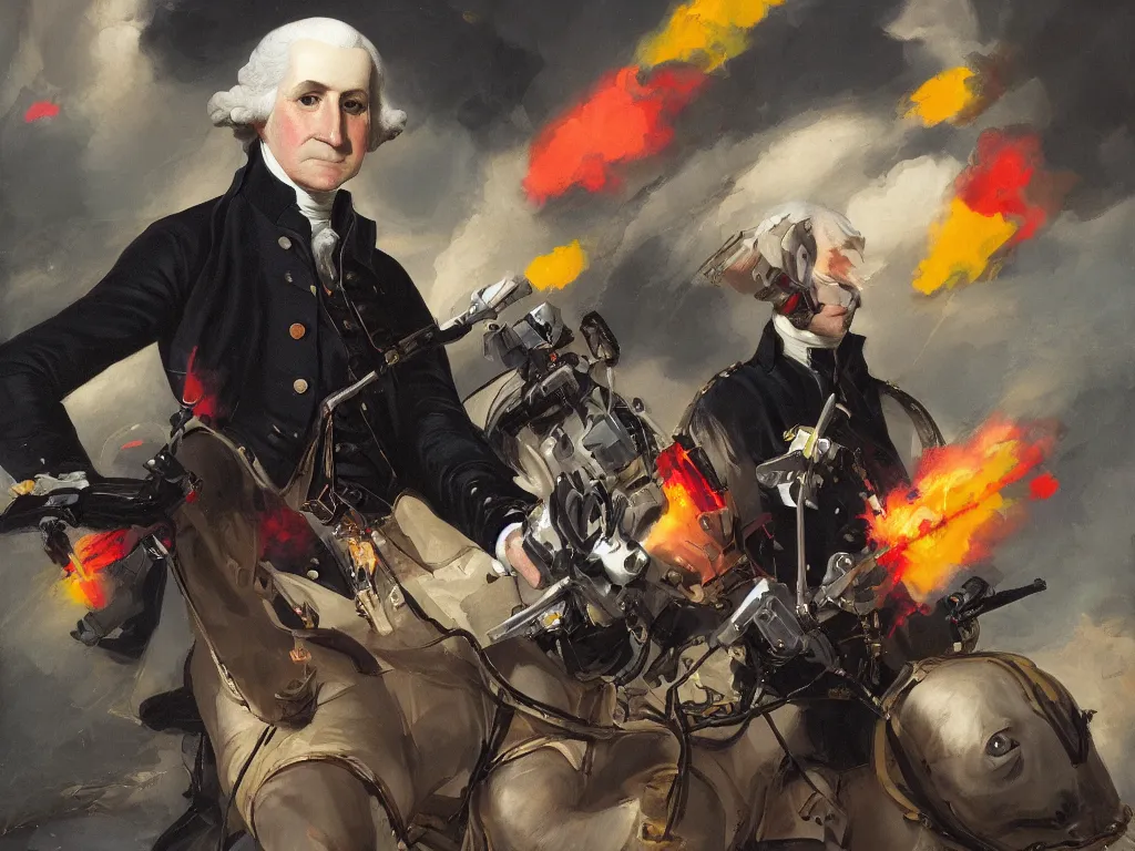 Image similar to George Washington, controlling his personal ED209, exciting illustration, explosive colors, trending on artstation