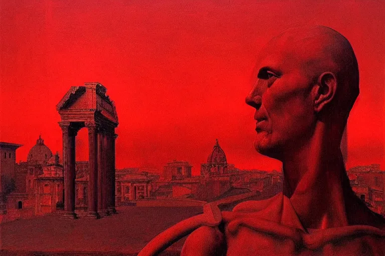 Image similar to only with red, caesar after war, a red tiger, in hoc signo vinces, rome in background, an ancient path, in the style of beksinski, part by hopper, part by rodcenko, part by hofbauer, intricate composition, red by caravaggio, insanely quality, highly detailed, masterpiece, red light, artstation