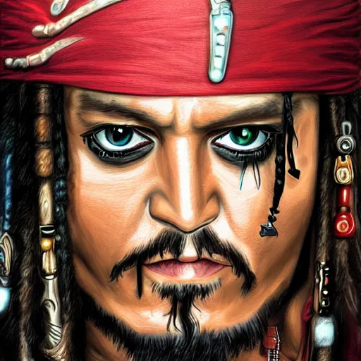 Image similar to portrait of johnny depp as captain jack sparrow, highly detailed, centered, solid color background, digital painting