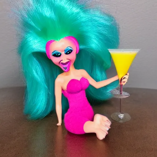 Prompt: Troll doll toy with lots of money drinking a martini with high heels and a bikini, and bright hair.