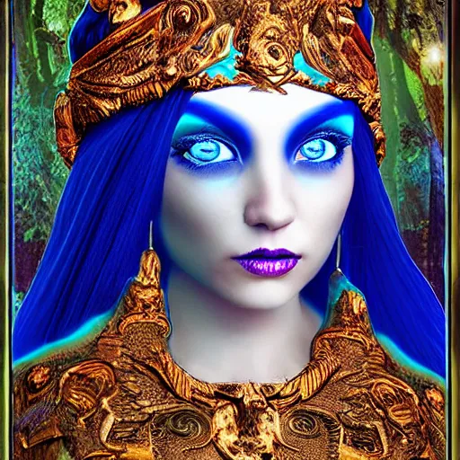 Prompt: mysterious goddess with bright blue eyes, photo 3 d