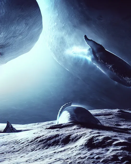 Prompt: whales on the moon, hyper realism, cinematic, volumetric lighting, epic composition, high detail, octane render, unreal engine, 8 k, concept art, 3 d render, digital art, deviantart artstation, ray tracing, apocalyptic, intricate complexity, extremely detailed, very sharp,