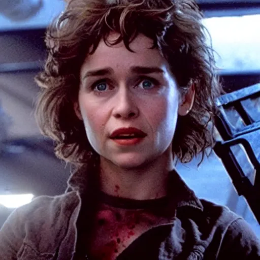 Prompt: half and covered in blood, ellen ripley, performed by emilia clarke, fights off hordes of aliens on the millennium falcon, holding a minigun in her right hand behind her and helps her with shots from a laser pistol. the style of films from the 8 0 s