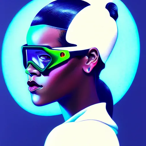 Prompt: Rihanna wearing opaque reflective goggles profile picture by Greg Rutkowski, asymmetrical, futuristic, volumetric lights, streetwear, studio ghibli, Organic Painting , Matte Painting, geometric shapes, hard edges, street art, trending on the artstation, fantasy LUT, realistic by Sachin Teng + Martin Grip + Moebius + Patrick Gleason, smooth, sharp focus, illustration, art by John Collier and Albert Aublet and Krenz Cushart and Artem Demura and Alphonse Mucha, techwear, Industrial Scifi, detailed illustration, character portrait,