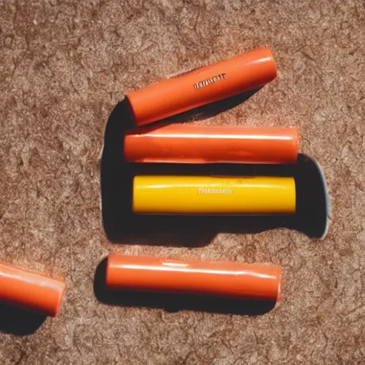 Prompt: orange colored lipbalm in giant piles on table, shaded, backlit
