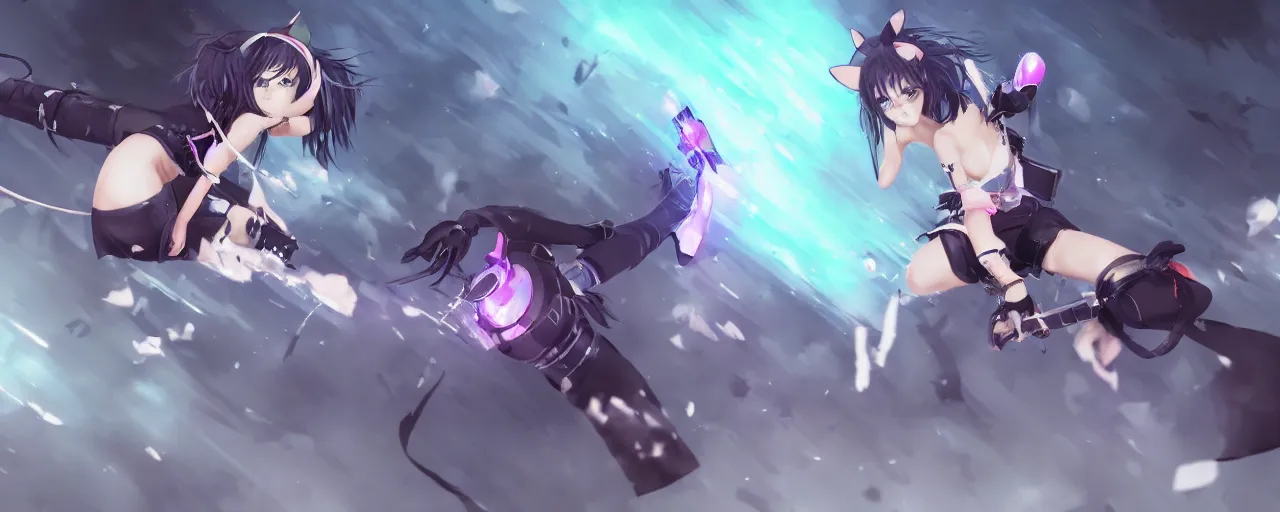 Prompt: concept art of an anime girl with cat ears and cyberpunk arm smashing the ground, WLOP, deviantart, 8k UHD
