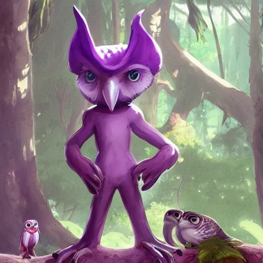 Prompt: concept art painting of an anthropomorphic purple creature with reptile and owl features, in the deep forest, realistic, detailed, cel shaded, in the style of makoto shinkai and greg rutkowski and james gurney