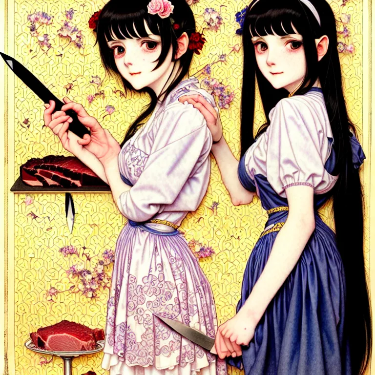 Prompt: portrait of a morbid 18 year old youth wearing a pretty little dress with straight silky black hair, in a butcher shop, holding a butcher knife. insanely and epically detailed high-quality small details, beautiful golden ratio, exquisitely detailed soft shadowing, epic pencil illustration, by Range Murata and by Alphonse Mucha and by Katsuhiro Otomo.