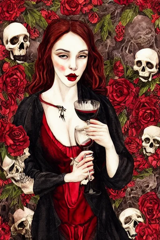 Prompt: intricate beautiful medium - shot, watercolor illustration, beautiful vampire woman, in black and red clothes of 1 7 th century, holds wine glass, skulls and flowers, in the catacomb, by sezanne, by rutkowsky, by kinkade, wlop, artgerm, botticelli, matte painting, renaissance painting